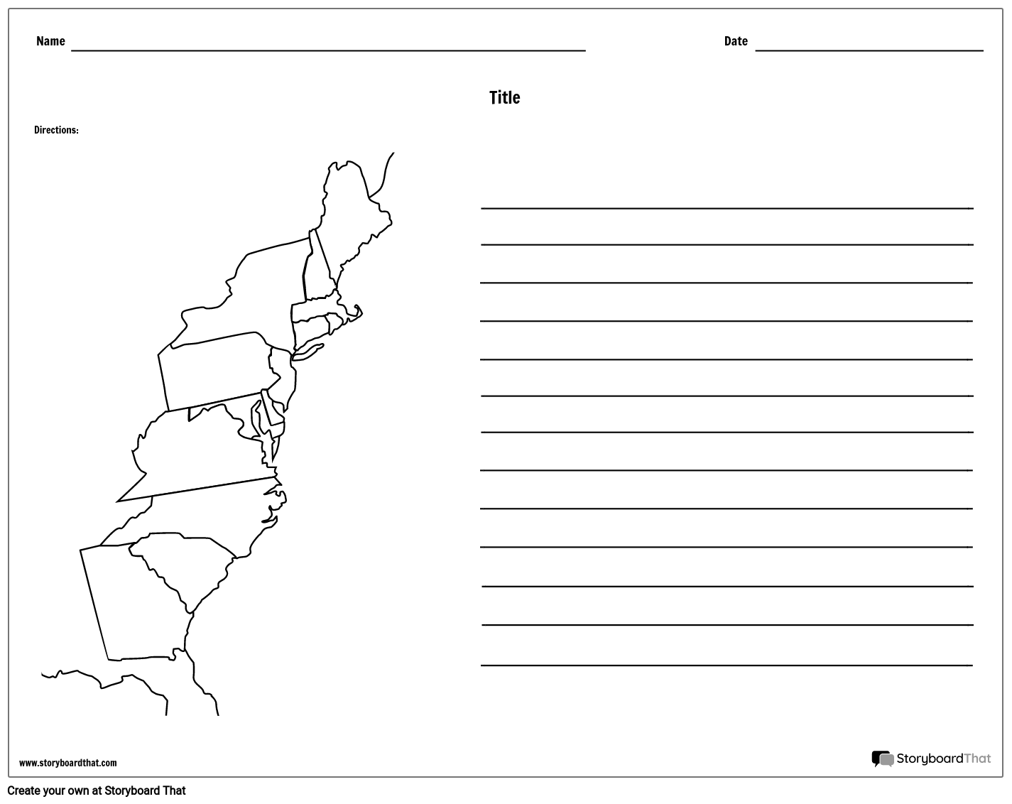 13 colonies blank map free printable
