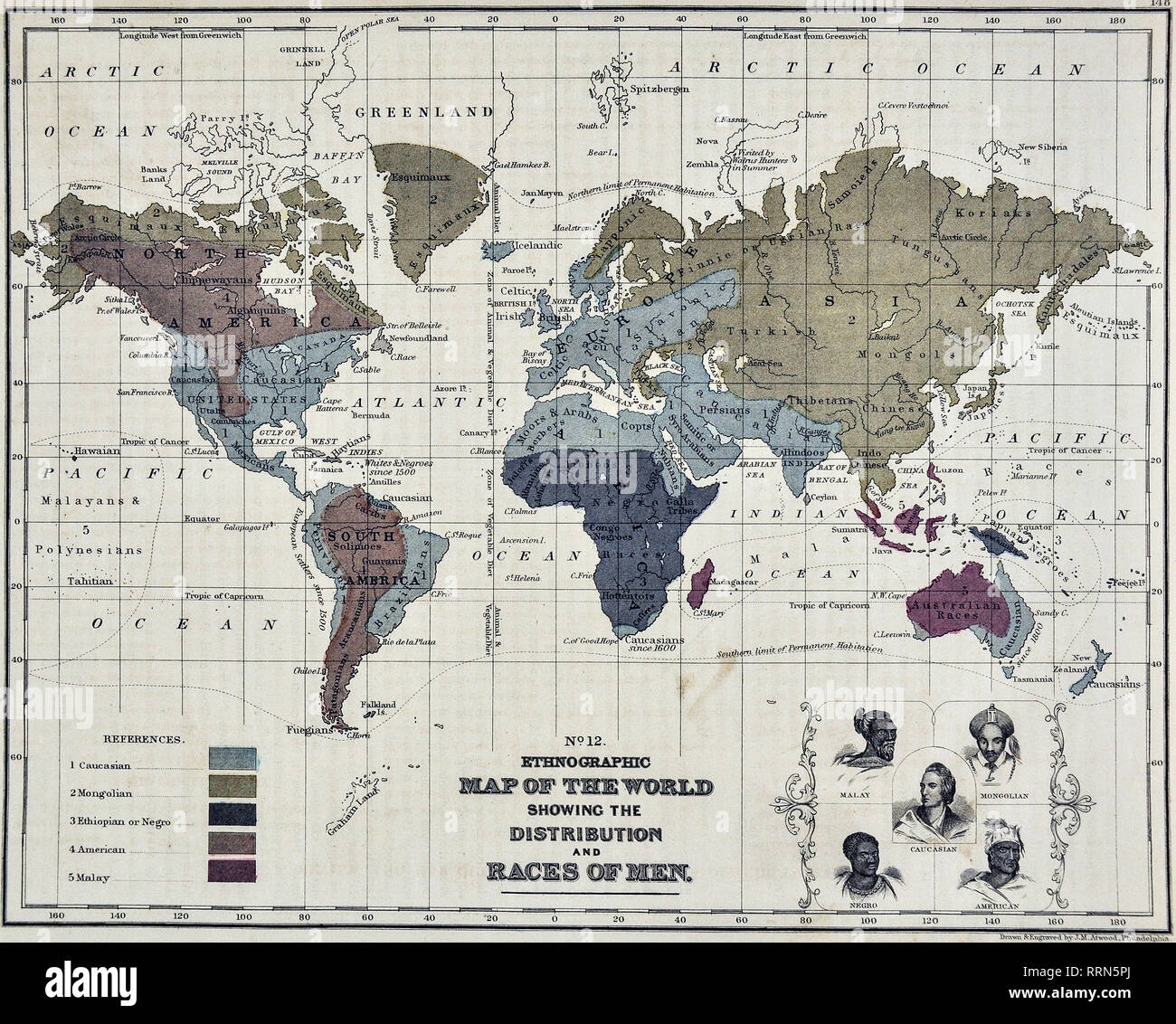 1868 Mitchell Ethnographic World Map Showing Distribution Of Ethnic Races Stock Photo Alamy