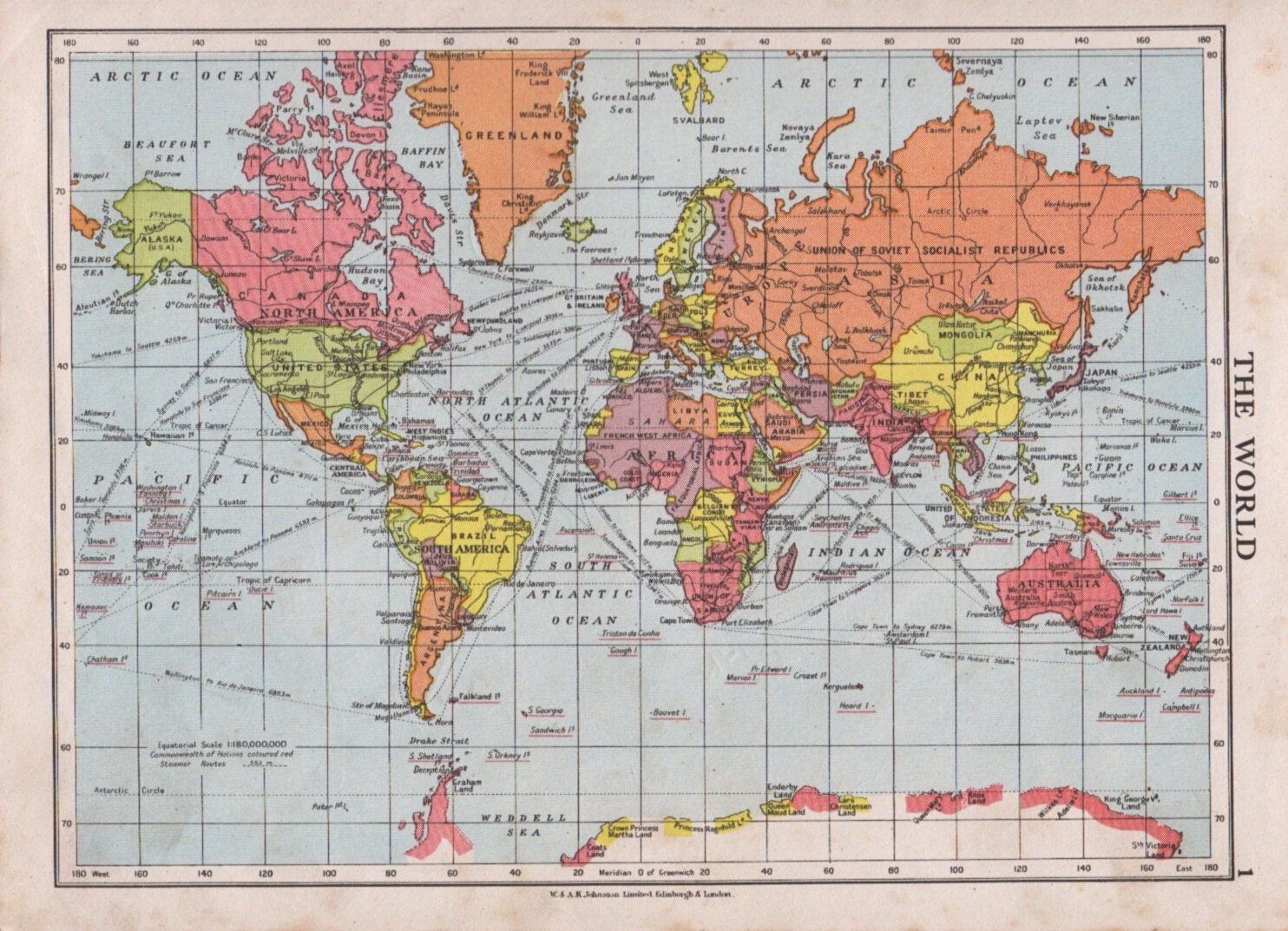 1950s Vintage World Map Print Bright Colours Political World Map School Map Wall Map World Etsy