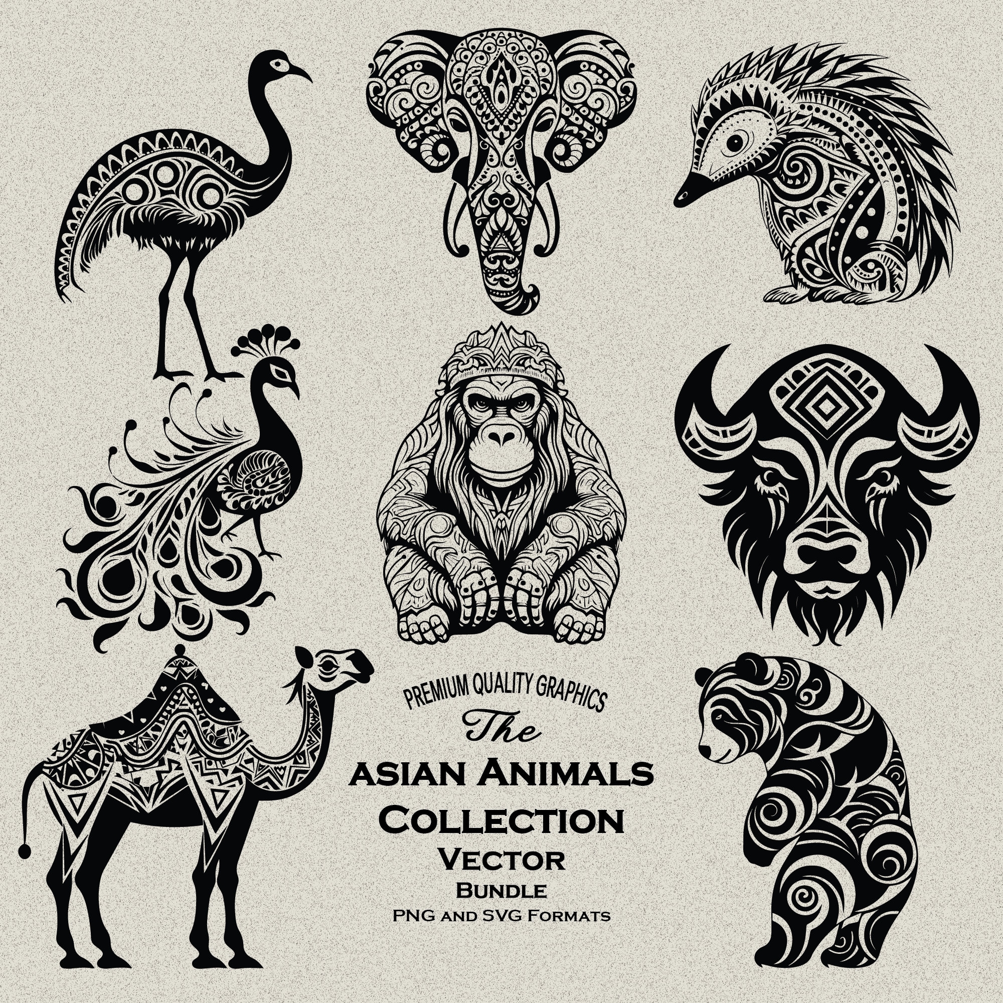 25 Tribal Asian Animal Design Bundle SVG PNG Files For Engraving And Print Camel Elephant Panda Peacock Emu Ostrich Hedgehog M ori Etsy