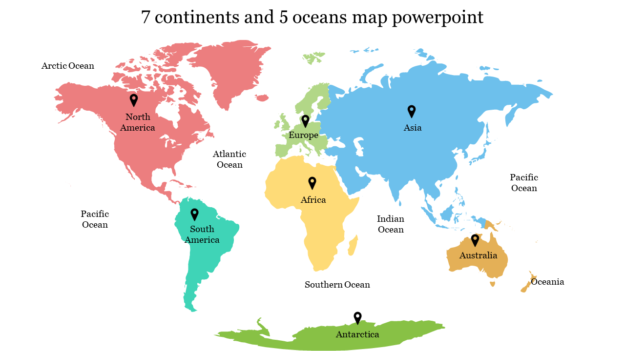 7 Continents And 5 Oceans Map PPT Template And Google Slides 7 Continents And 5 Oceans Map PPT Template And Google Slides