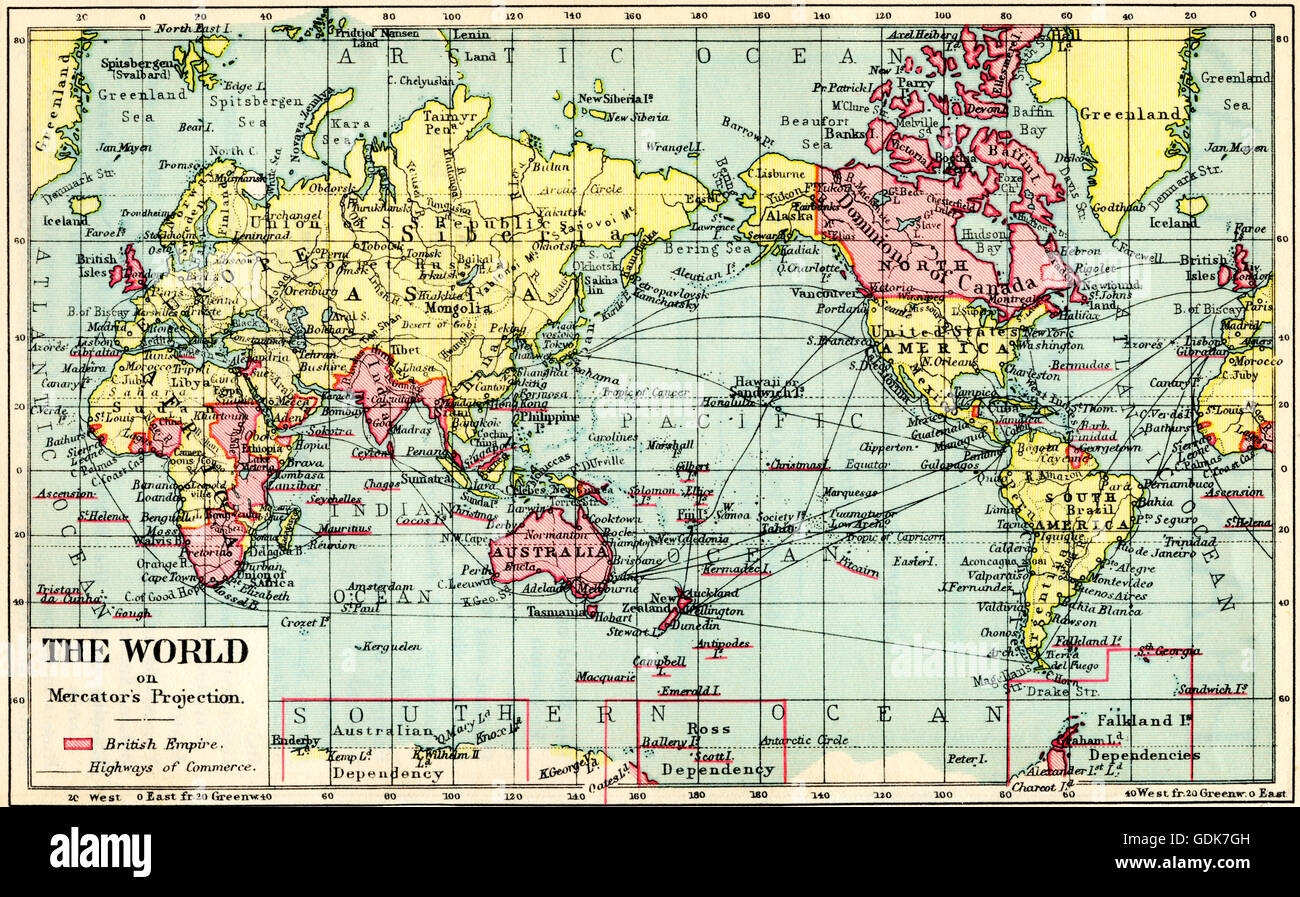 A 1930 s Map Of The World On Mercator s Projection The British Empire Shown In Red Stock Photo Alamy A 1930 s Map Of The World On Mercator s Projection The British Empire Shown In Red Stock Photo Alamy