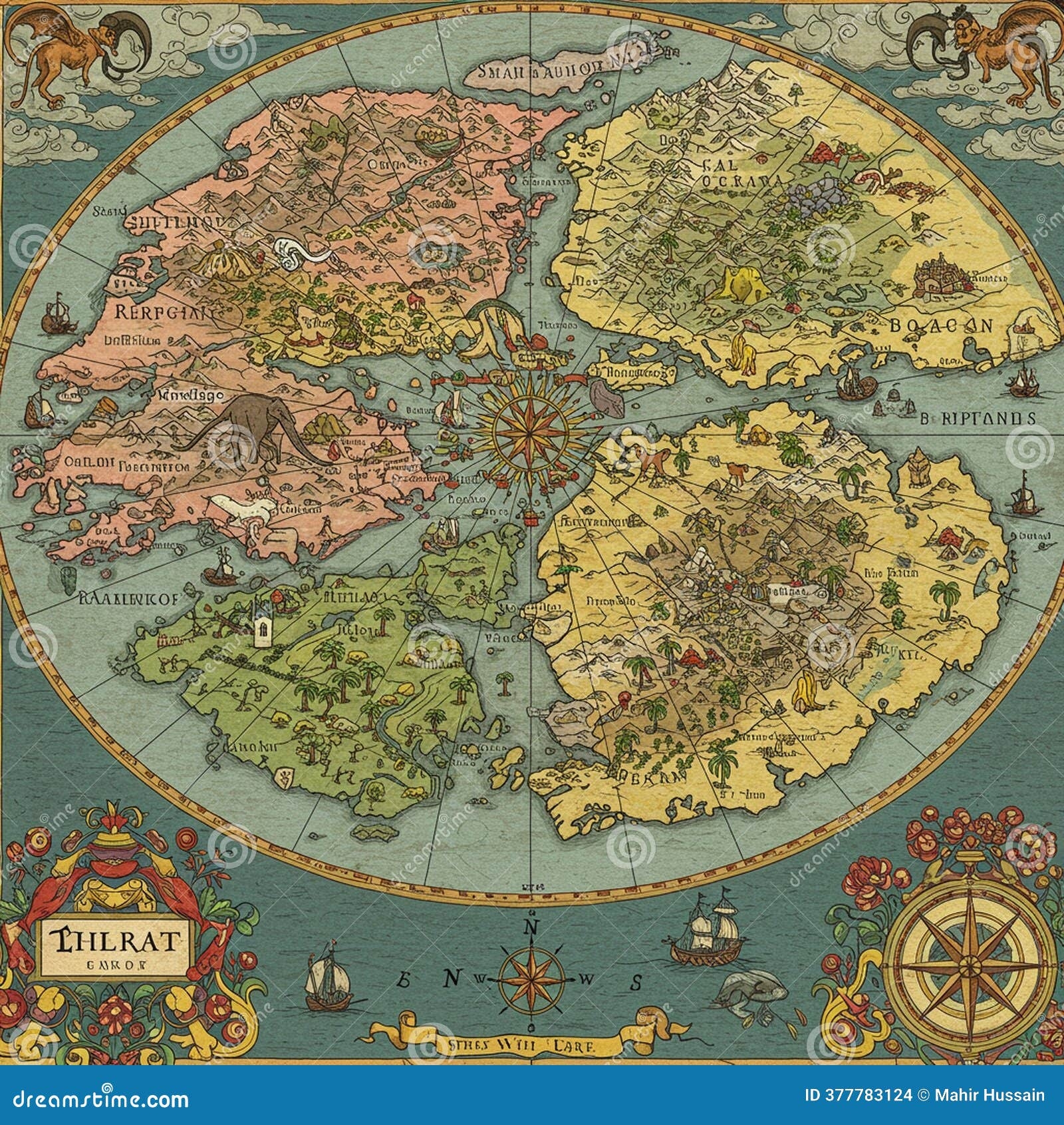 A Colorful Fantasy Map Depicting Four Distinct Continents With Diverse Landscapes Stock Illustration Illustration Of Vibrant Historical 377783124