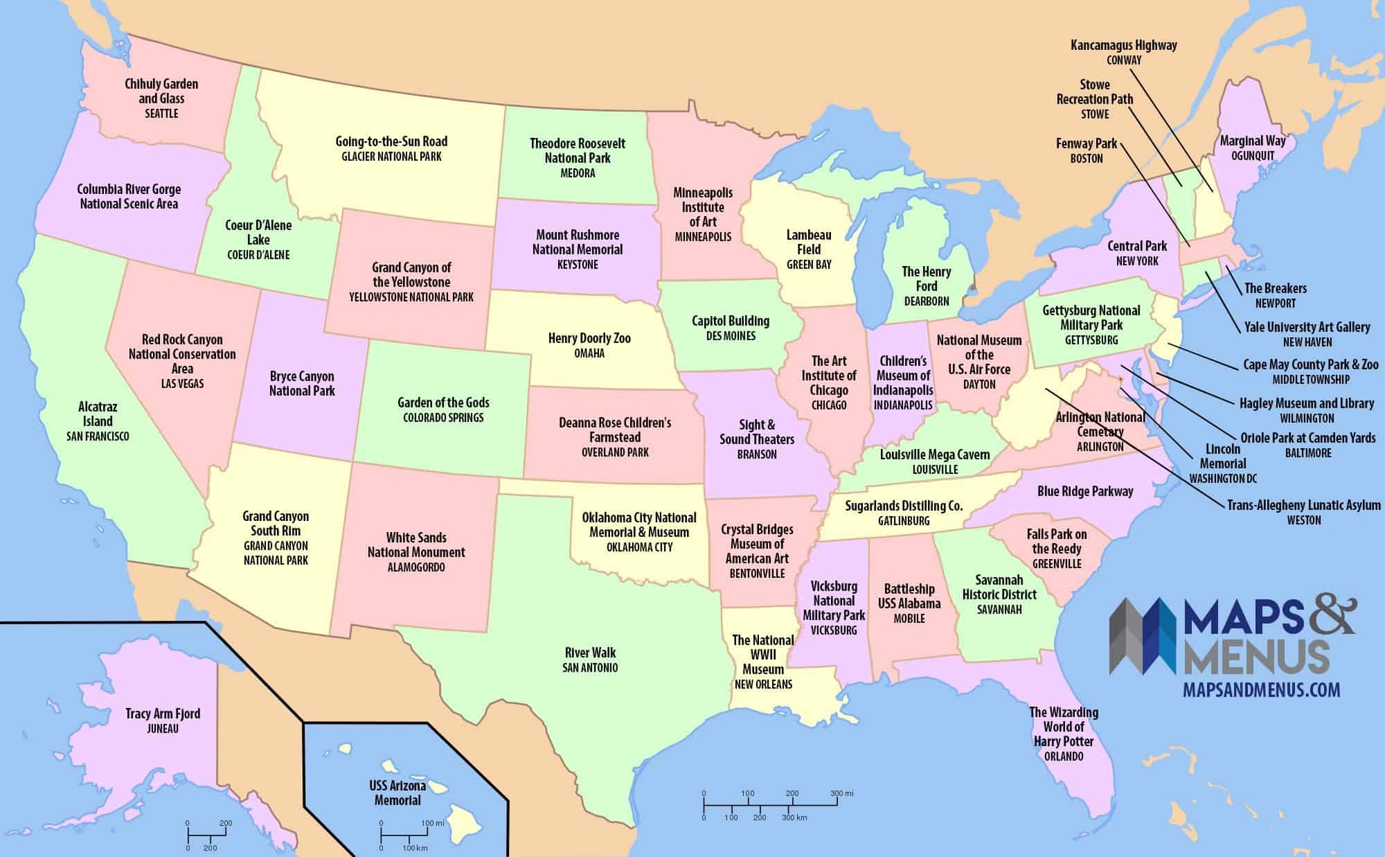 A Map With The Most Popular Attraction Of Each US State Flytrippers
