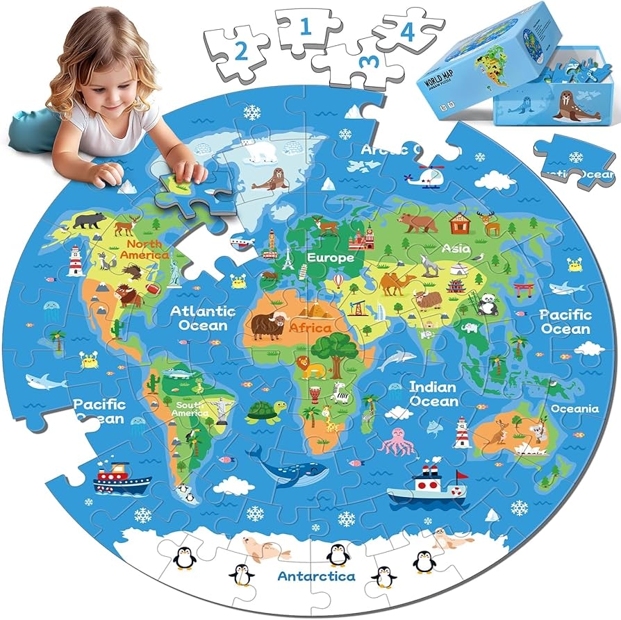 Amazon 72 Piece World Map Jigsaw Puzzle For Kids 3 5 4 6 Globe Round Floor Puzzles Geography Educational Birthday Gifts Learning Resource Educational Montessori Toys World Map Toys Games