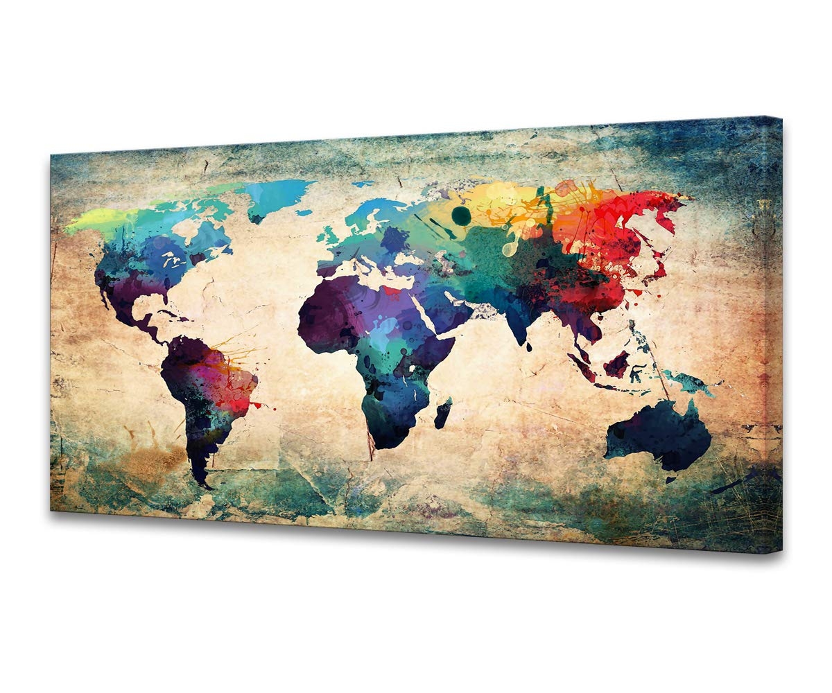 Amazon Baisuwallart A62075 Abstract World Map Canvas Painting Vintage Posters And Prints Colorful Wall Art Wall Pictures Artwork Framed Ready To Hang For Living Room Bedroom Office Home Decor 30x60inch Posters 