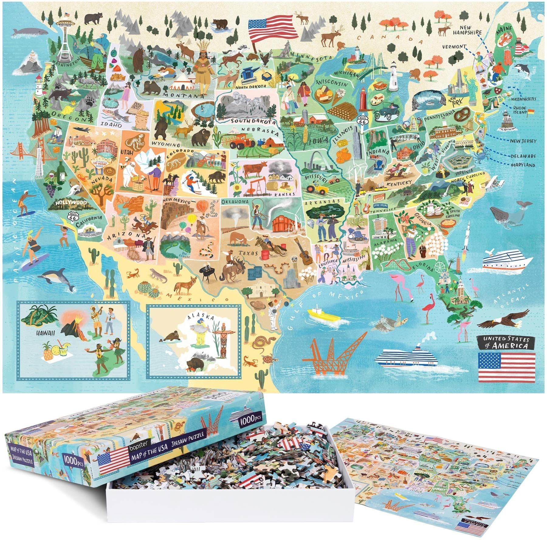 Amazon Bopster 1000 Piece USA Map Jigsaw Puzzle For Kids Teens Adults Detailed United States Landmarks Puzzle Recycled Cardboard Giftable Family Activity Toys Games