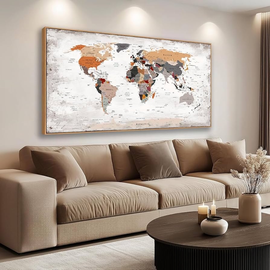 Amazon BQVCT Large World Map Wall Art Framed Canvas Print Office World Map Wall Decor Map Of The World Picture Artwork Decor For Home Bedroom Decoration 30 X 58 Inch Ready To