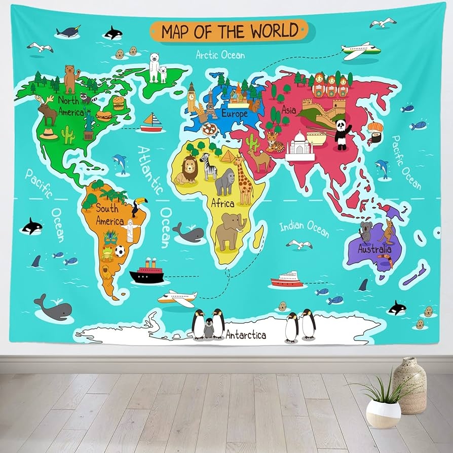 Amazon CORFOTO Cartoon World Map Tapestry Cartoon Continents Animal Mountains Forest Colorful World Map HD Print Tapestries For Children Kids Bedroom Classroom Decor Wall Hanging 92Wx70H Inches Fabric Home Kitchen