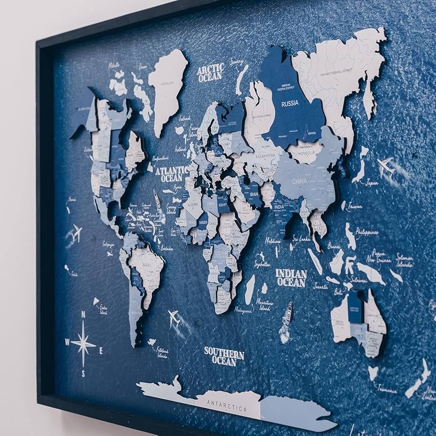 Amazon Enjoy The Wood Framed World Map Wall Art Wood Travel Decor 3D World Map On Board Wall Rustic Decoration Housewarming Gift Medium Board Aqua Home Kitchen