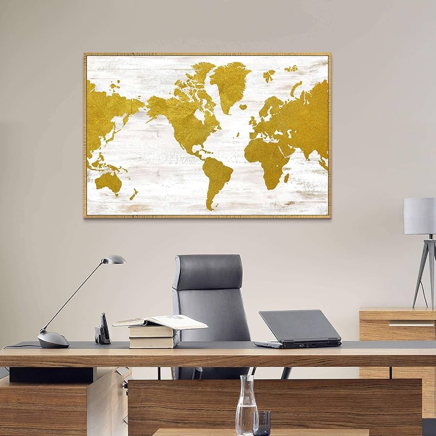 Amazon Framed Map Wall Art Canvas World Map Picture Gold Foil Textured Map Artwork Print Decor Vintage Continent Geography Painting For Bedroom Living Room Home Office Posters Prints