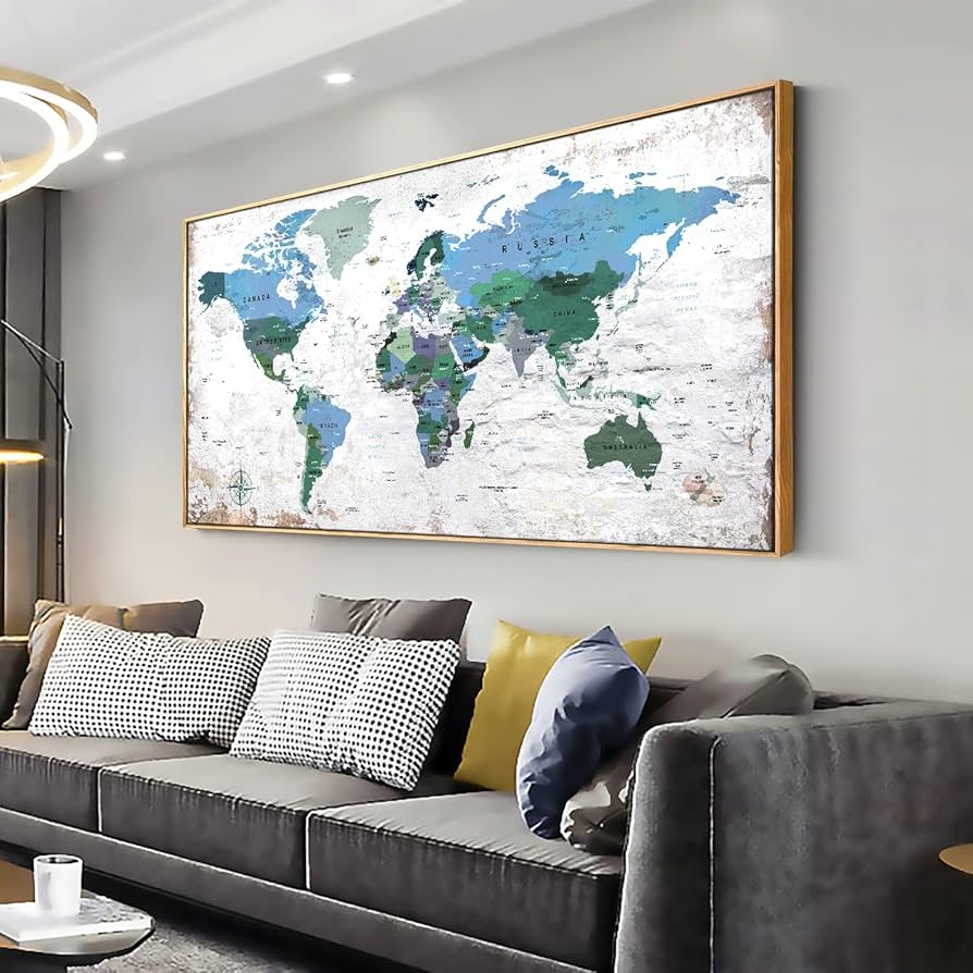 Amazon Framed Wall Art World Map Wall Art Canvas Picture 20inchx40inch Large Blue Map Of The World Canvas Painting Artwork Prints For Office Wall Decor Home Living Room Decorations Framed Ready To