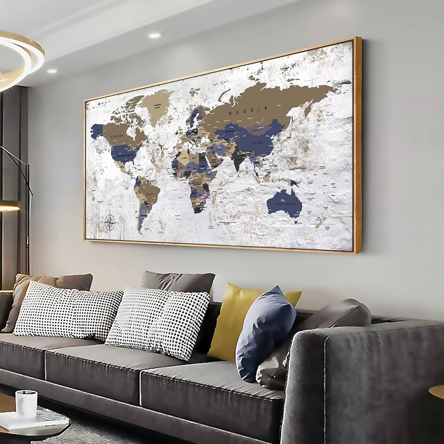 Amazon Framed Wall Art World Map Wall Art Canvas Picture20inx40in Large Grey Map Of The World Canvas Painting Artwork Prints For Office Wall Decor Home Living Room Decorations Framed Ready To Hang 