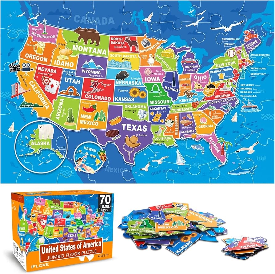 Amazon Jumbo Floor Puzzle For Kids USA Map Puzzle Jigsaw Geography Puzzles 70 Piece US Map 50 States With Capitals United States Puzzle For Ages 3 5 Preschool Learning Toys Gift For 4 8 Years Old Toys