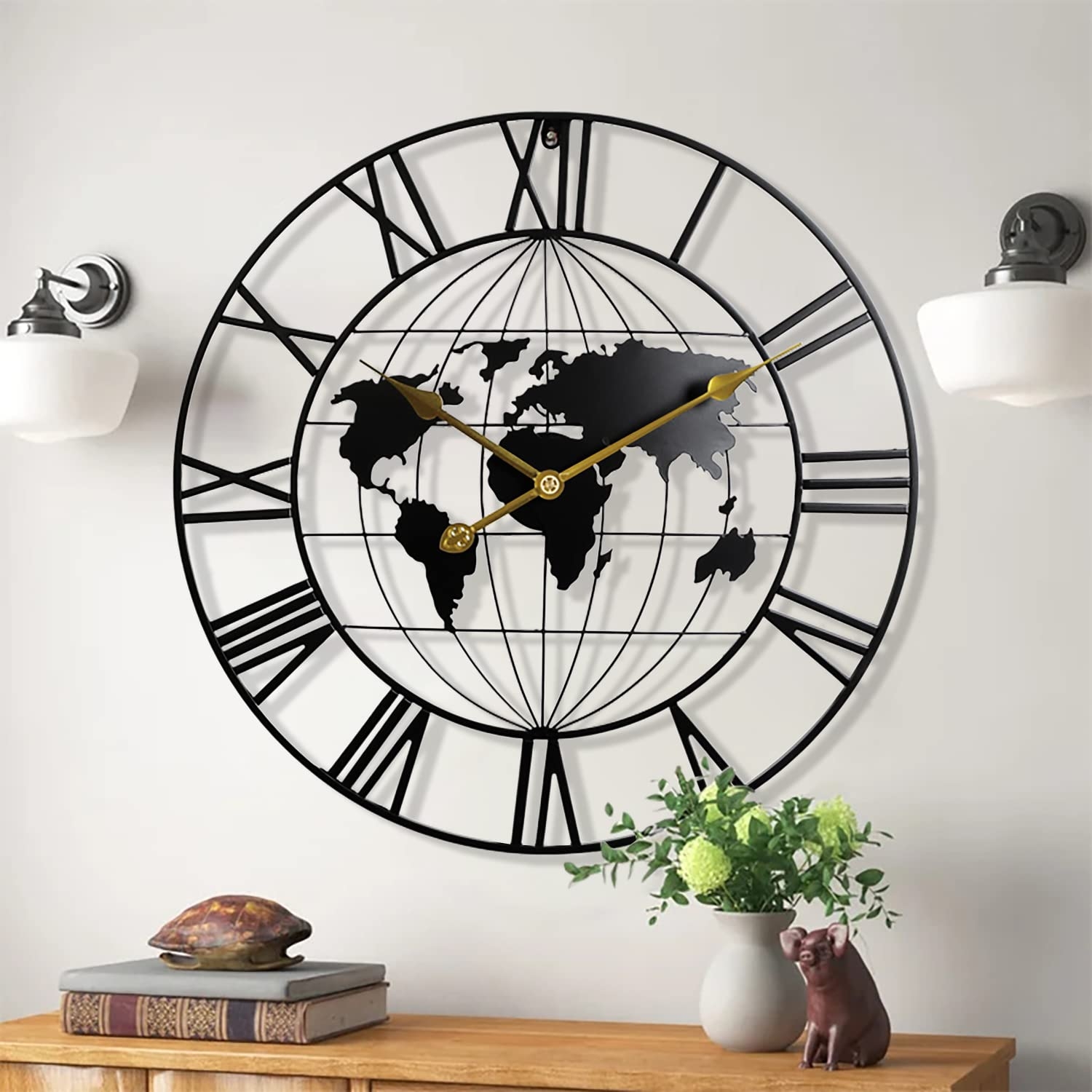 Amazon KEQAM Large World Map Wall Clock Metal Minimalist Modern Clock Round Decorative Silent Non Ticking Battery Operated Wall Clocks For Living Room Entryway Kitchen Bedroom Office School Decor 24 Inch Home Kitchen