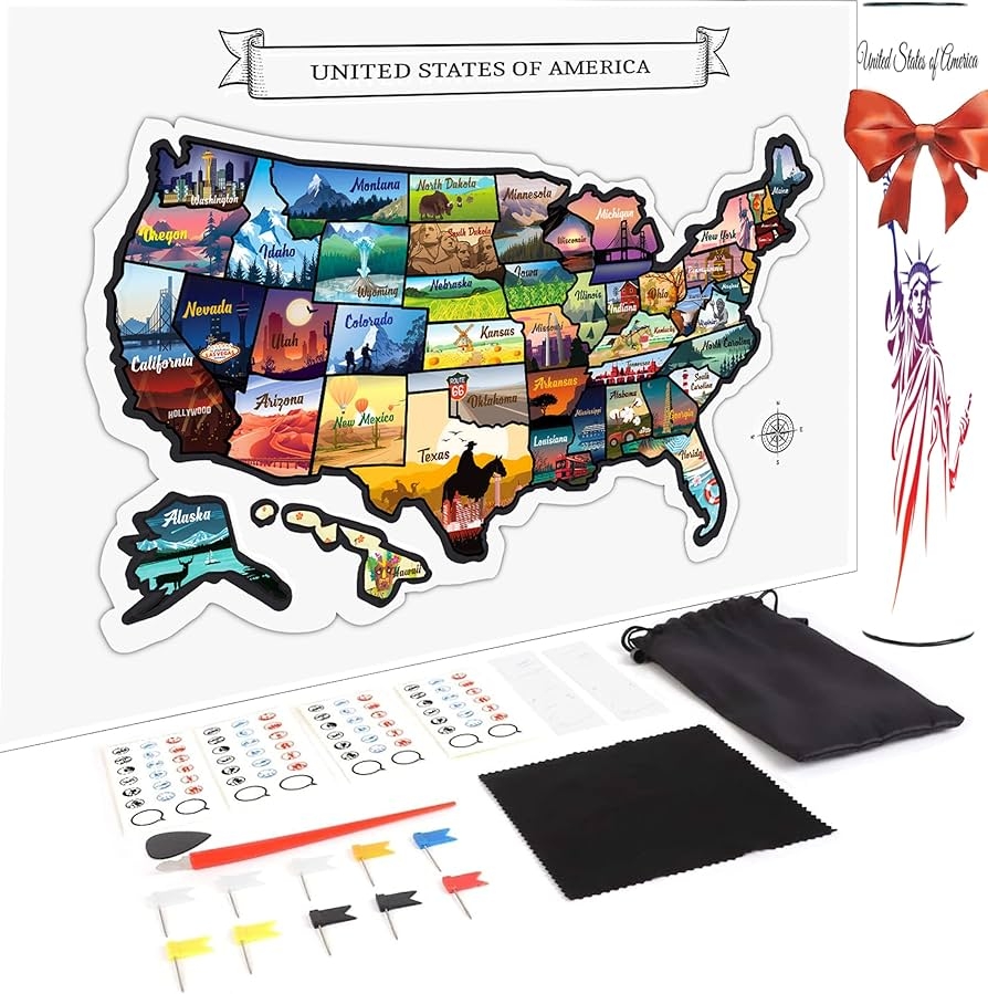 Amazon Large 23x16 Scratch Off USA Map Hand Drawn Travel Design With Accessories Laminated For Home D cor Deluxe States Tracker Road Trip Gift Perfect For Travelers Adventure Geography Lovers Office