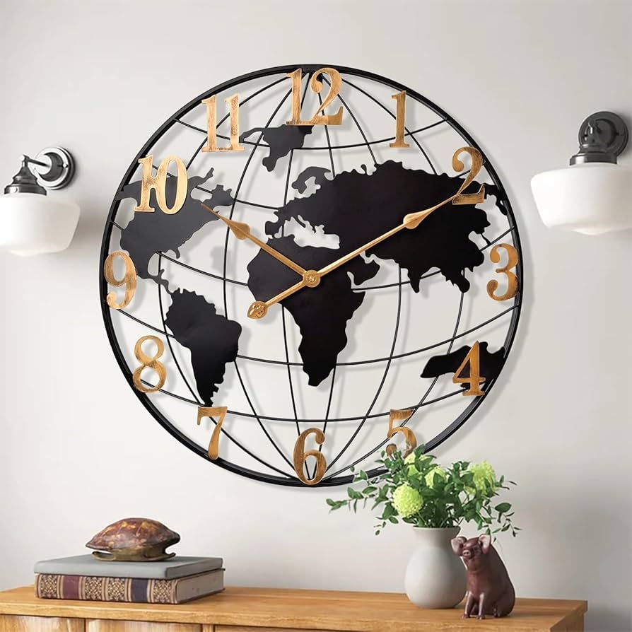 Amazon Large World Map Wall Clock Metal Minimalist Modern Clock Round Silent Non Ticking Battery Operated Wall Clocks For Living Room Home Kitchen Bedroom Office Farmhouse Decor 24 Inch Home Kitchen