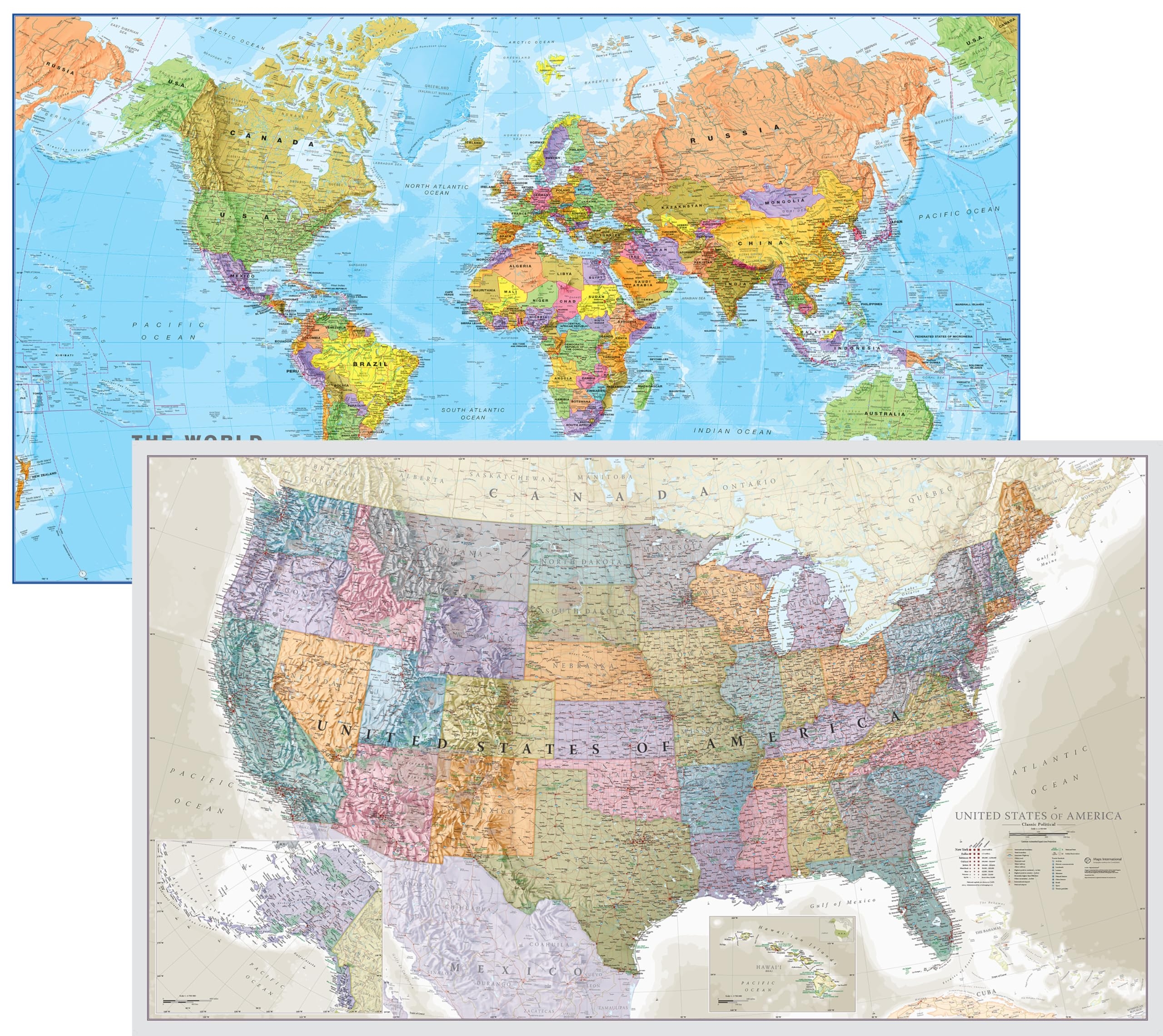 Amazon Maps International Giant Mega Map Of The World Classic USA Map Front Sheet Laminated 46 X 80 Office Products