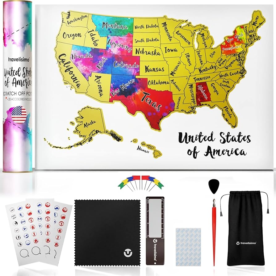 Amazon TRAVELISIMO Scratch Off Map Of The United States 12x17 Inch Scratch USA With 25 Unique Accessories Colorful Design Perfect Scratch Map Of United States For Travel 50 States Travel Tracker 