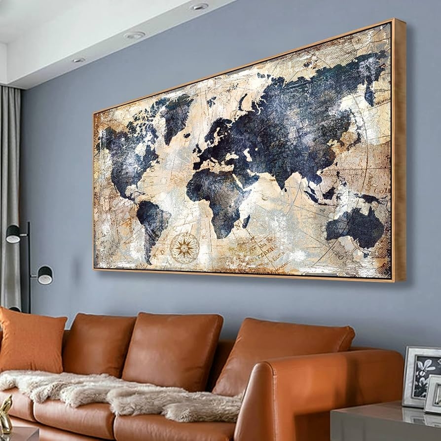 Amazon Tucai Decor Framed Wall Art World Map Wall Art Print Picture Decor Home Interior Map Picture For Office Decor Travel Memory Nautical Map Canvas Artwork 20 X 40 Inch Ready
