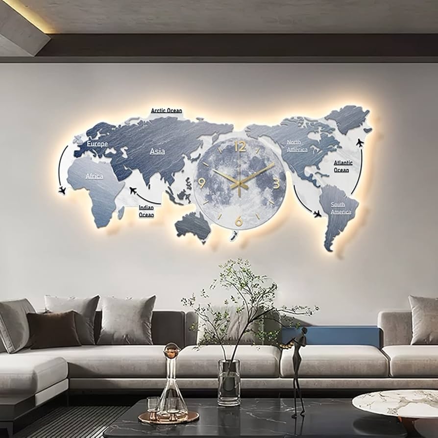 Amazon Wall Hanging Canvas Painting Wall Art 3D World Map Wall Decor Living Room Decorative Painting Wall Clock NO Frame for Home Office Decorations Color B With LED Size 60 140cm 