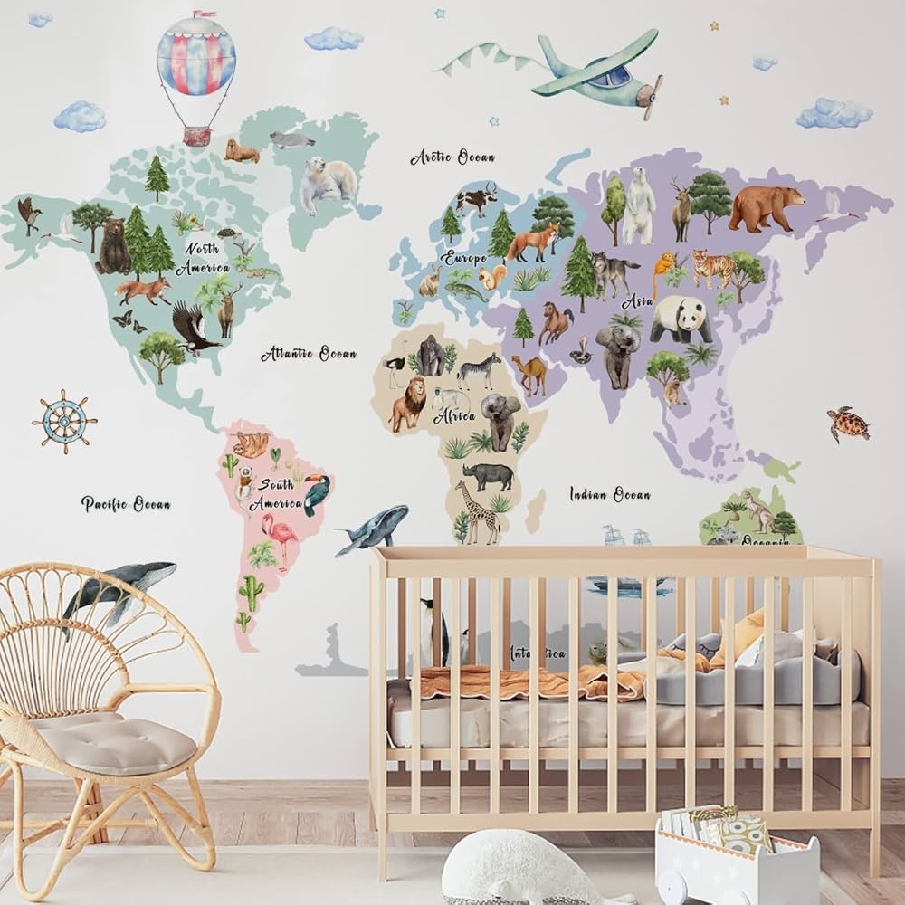 Amazon Watercolor Kids Map Wall Decal Animals World Map Decals Peel And Stick Removable Wall Stickers For Preschool Classroom Kids Bedroom Nursery Playroom Elementary Education Wall Decor Tools Home Improvement