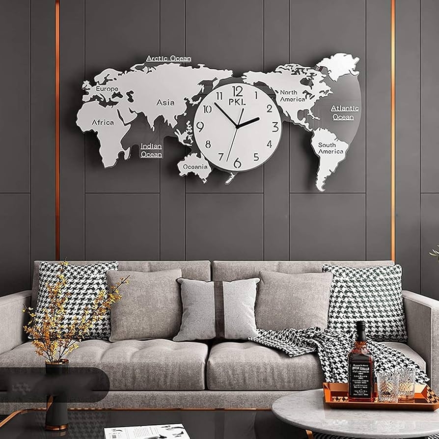 Amazon World Map Clocks World Wall Clock Decorative For Living Room Bedroom Modern Minimalist Silver 70 X 34cm Home Kitchen