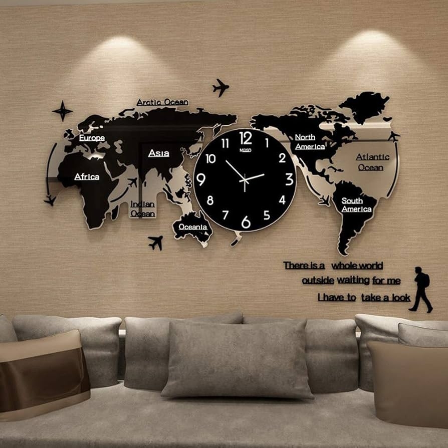 Amazon World Map Wall Clock Modern Living Room Large Wall Clocks Wall Clock 3D Acrylic Silent World Map Creative Wall Clock Large L74CM H34CM Home Kitchen