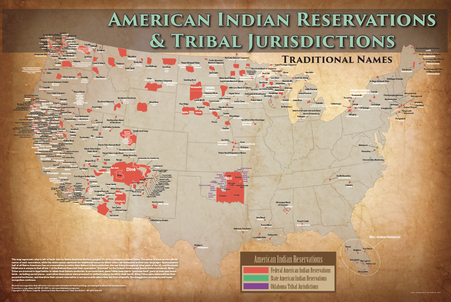 American Indian Reservations Map W Reservation Names 24 x36 