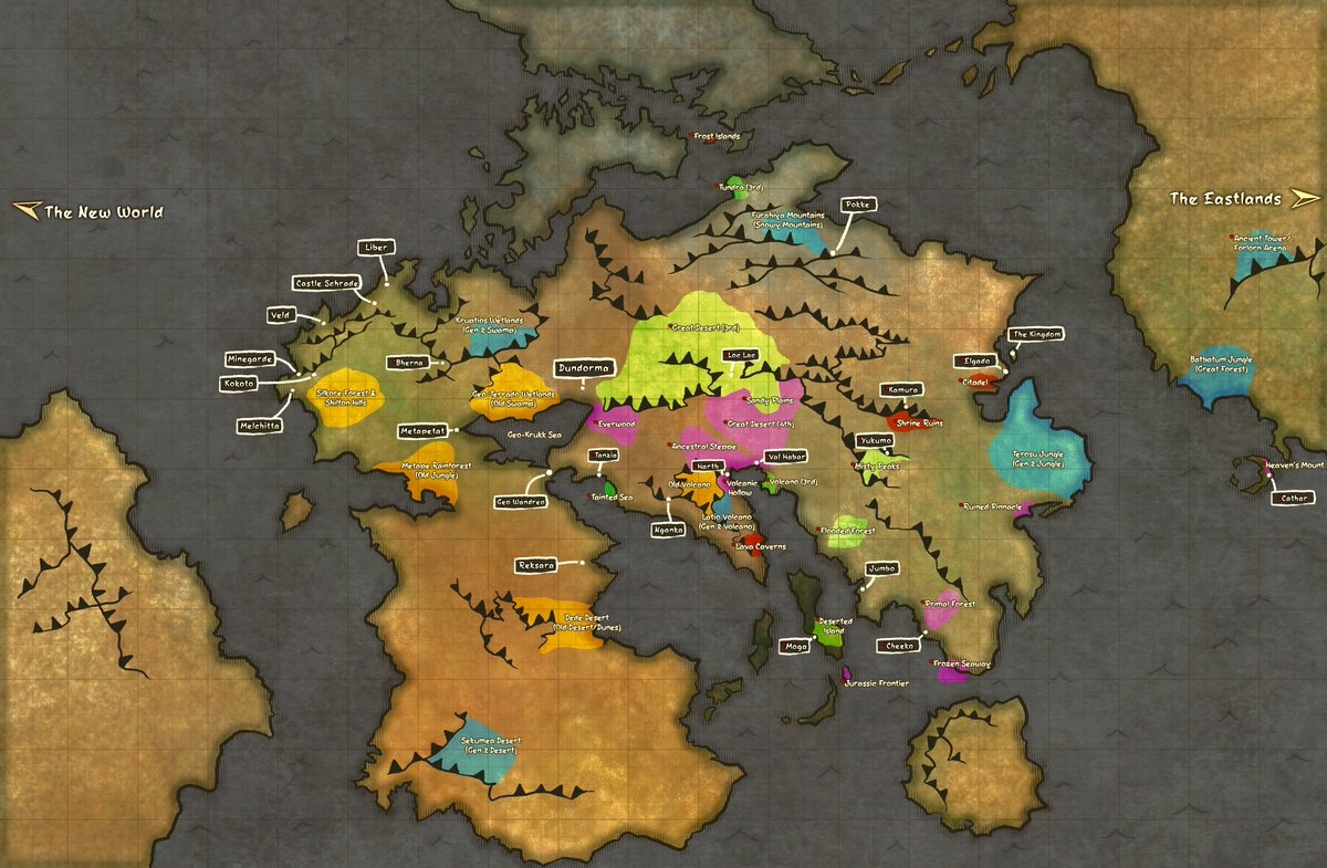 And So Here It Is The Full World Map Of Monster Hunter As Drawn And Reconstructed By Me Anything With A Red Star As Well As The New World And Eastland Locations 
