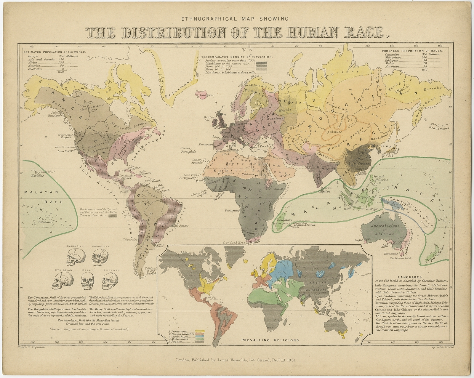 Antique Ethnographical Map Of The World By Reynolds 1851 