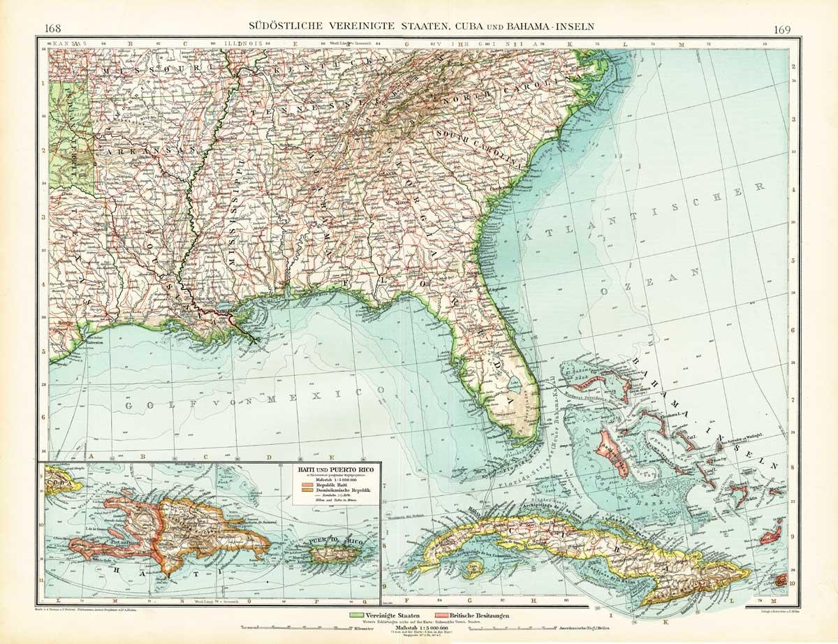 Antique Map SOUTH EAST AMERICA USA UNITED STATES FLORIDA CUBA HAITI Andree 1904 Map ThePrintsCollector