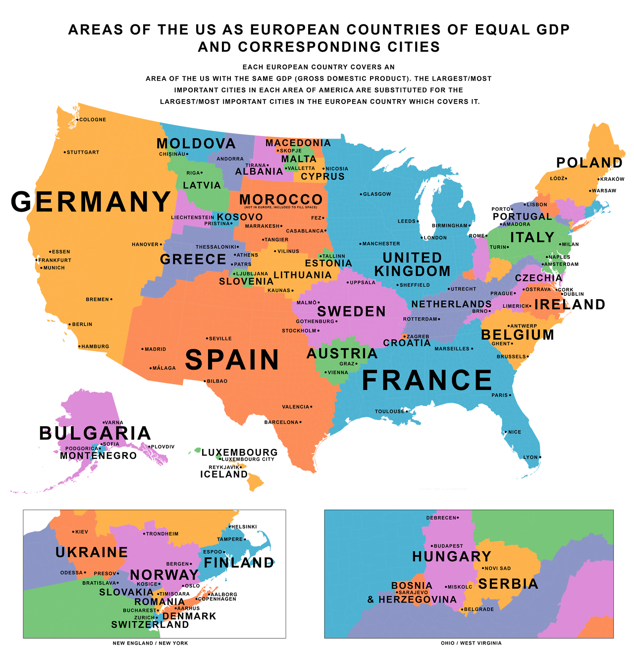 Areas Of The US As European Countries Of Equal GDP Including Corresponding Cities