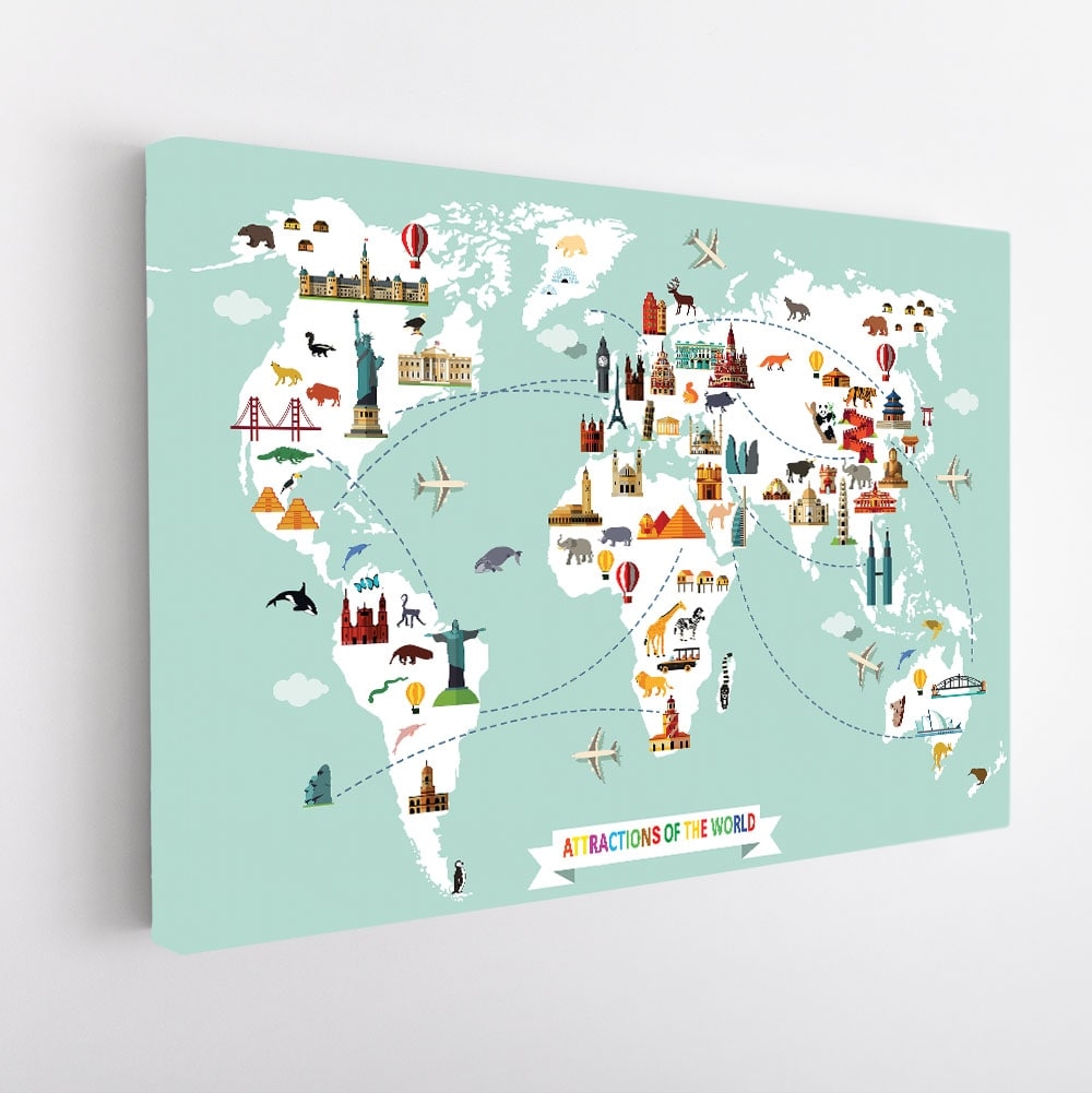 Attractions World Map Canvas Art Kids Wall Art Canvas Art Bay
