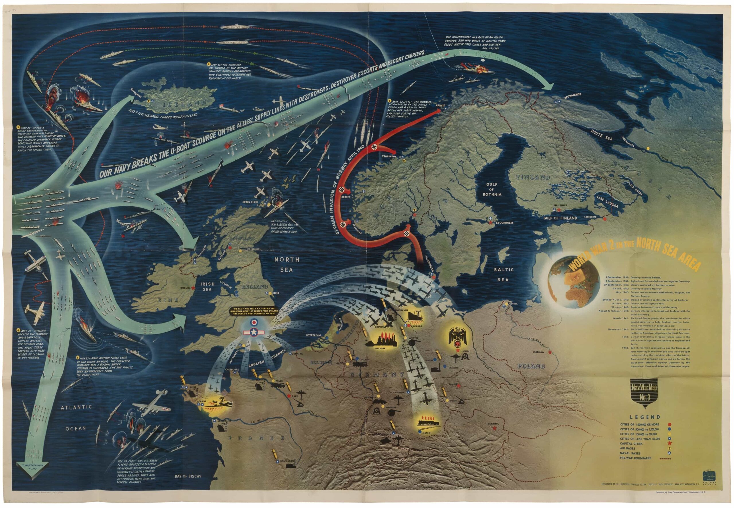 Back to back Nav War Maps Of The North Atlantic North Pacific Theatres Rare Antique Maps