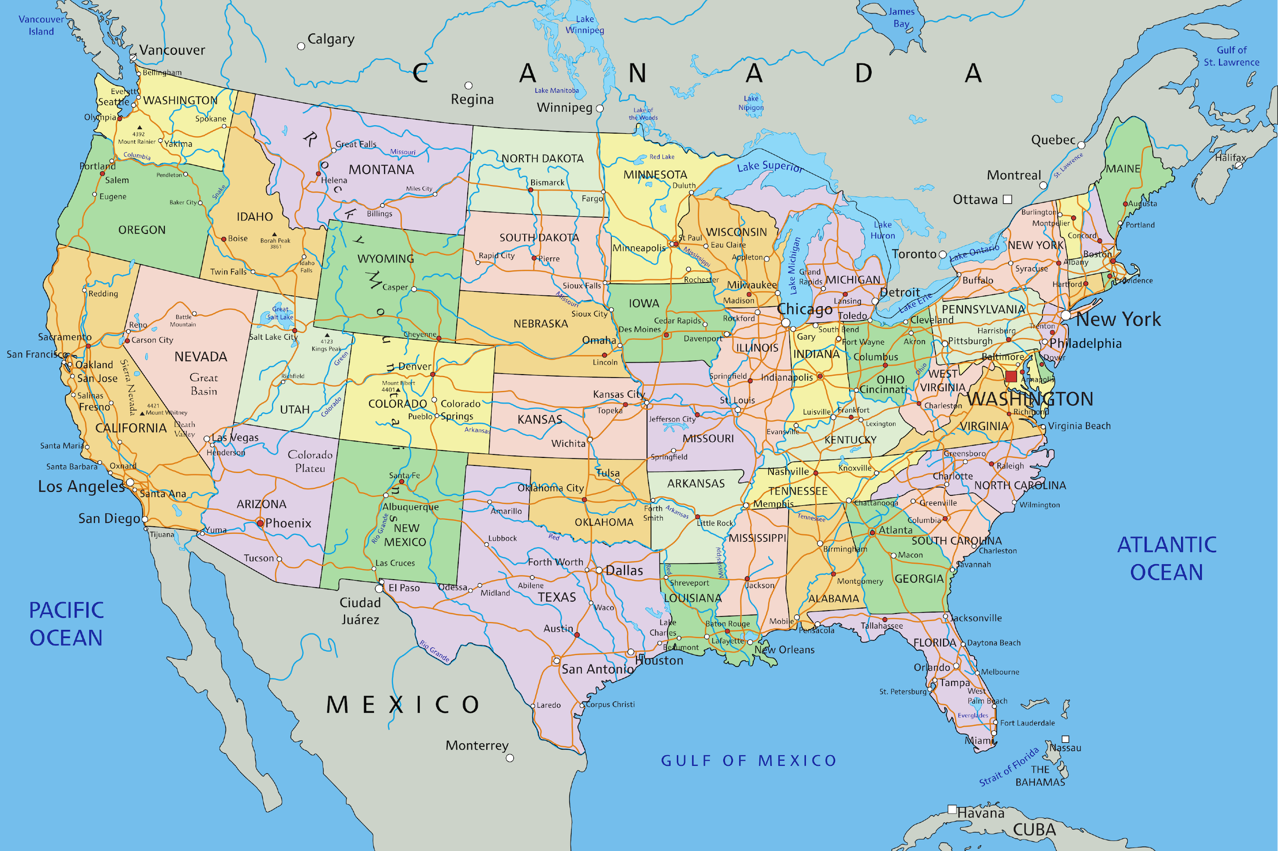 map of united states and major cities