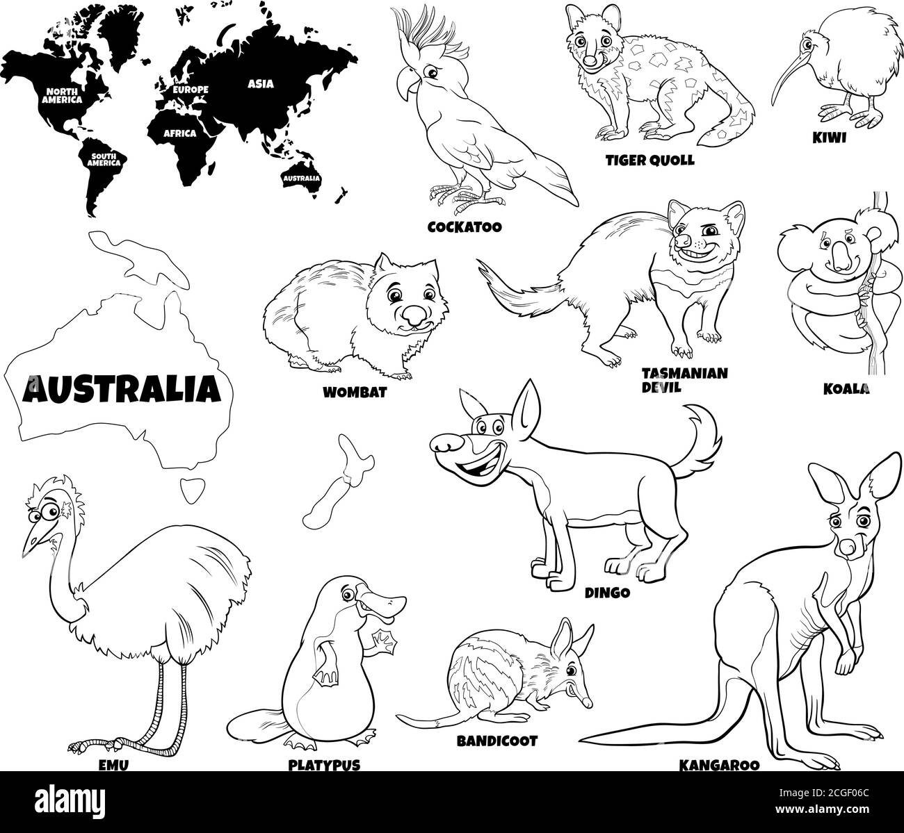 Black And White Educational Cartoon Illustration Of Australian Animals Set And World Map With Continents Shapes Coloring Book Page Stock Vector Image Art Alamy