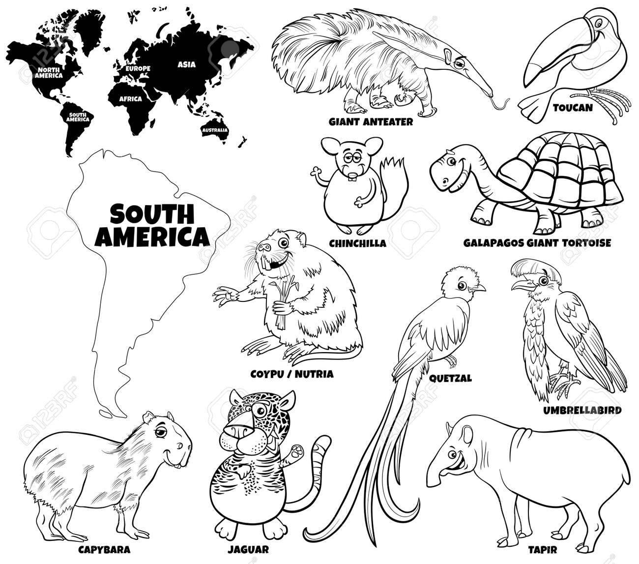 Black And White Educational Cartoon Illustration Of South American Animal Characters Set And World Map With Continents Shapes Coloring Book Page Royalty Free SVG Cliparts Vectors And Stock Illustration Image 173290497 