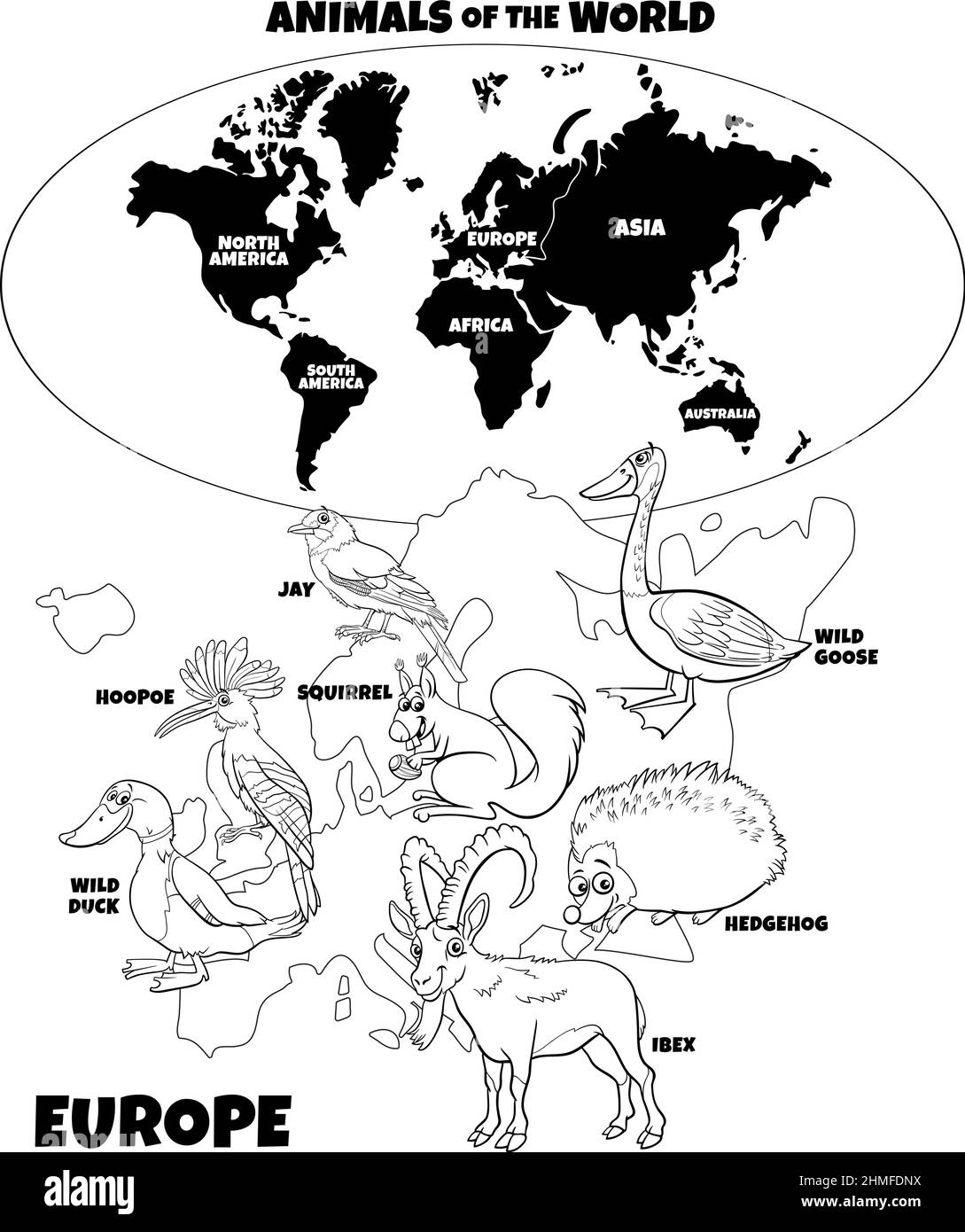 Black And White Educational Illustration With Cartoon European Animals And World Map With Continents Coloring Book Page Stock Vector Image Art Alamy