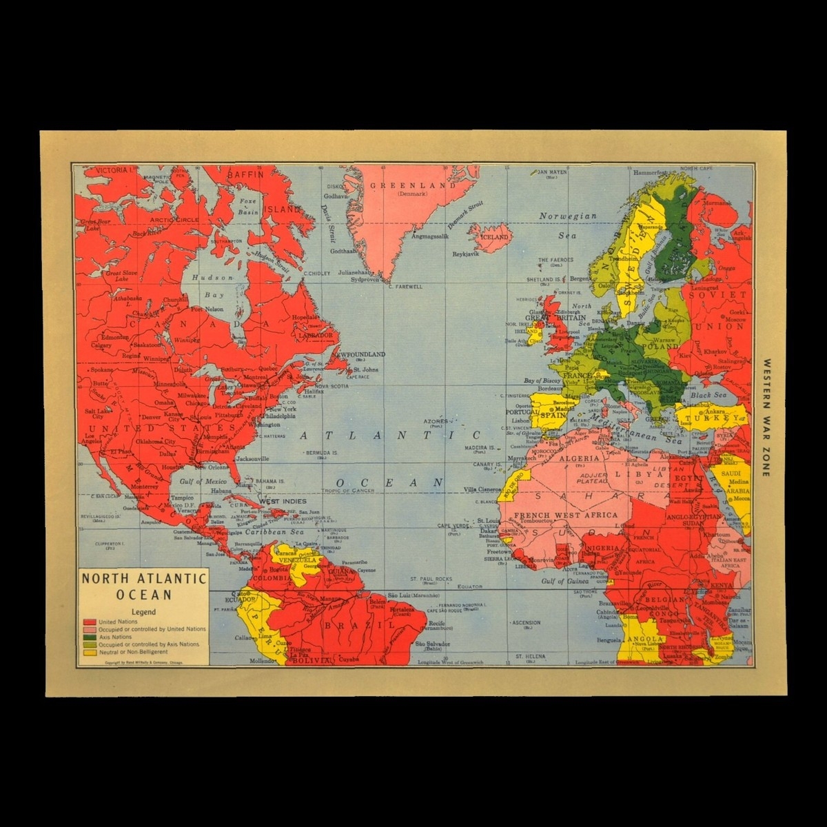 Ca 1940 WWII Atlantic Ocean Map World War II Occupied Territories United Nations EBay