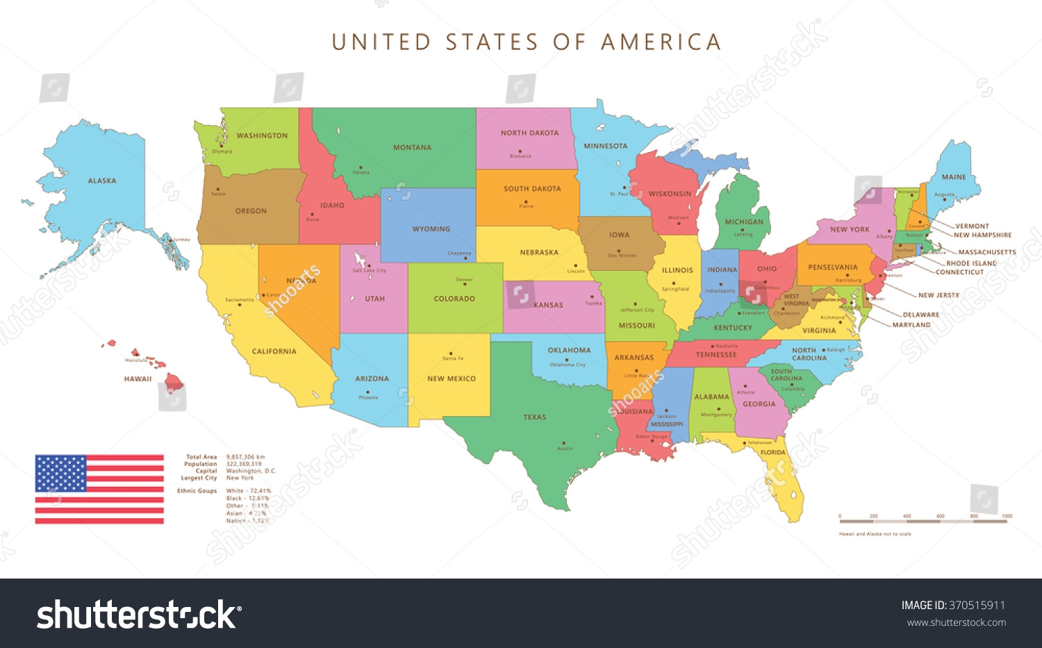 Colored United States Map Names Capitals Stock Vector Royalty Free 370515911 Shutterstock