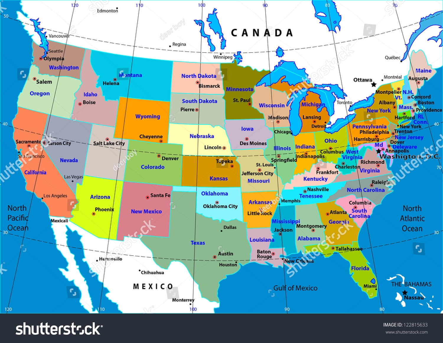 Colorful Usa Map States Capital Cities Stock Vector Royalty Free 122815633 Shutterstock