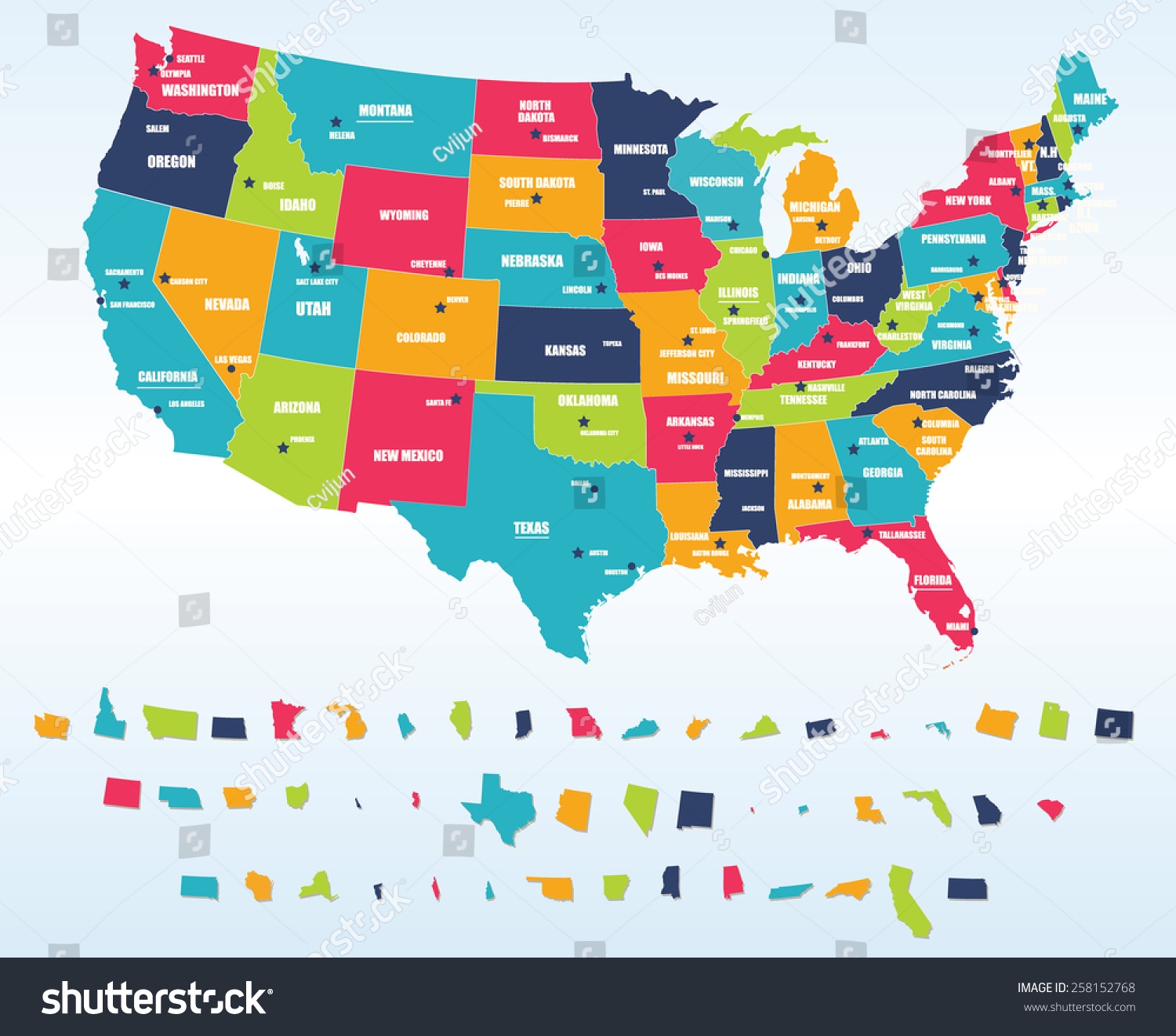 Colorful Usa Map States Capital Cities Stock Vector Royalty Free 258152768 Shutterstock