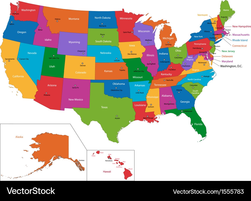 Colorful USA Map With State Capitals Royalty Free Vector VectorStock