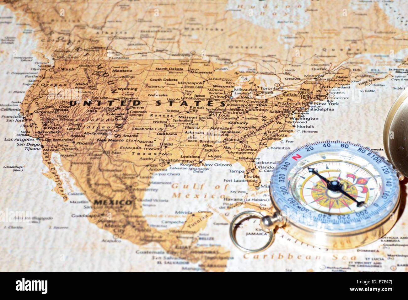 Compass On A Map Pointing At United States Planning A Travel Destination Stock Photo Alamy