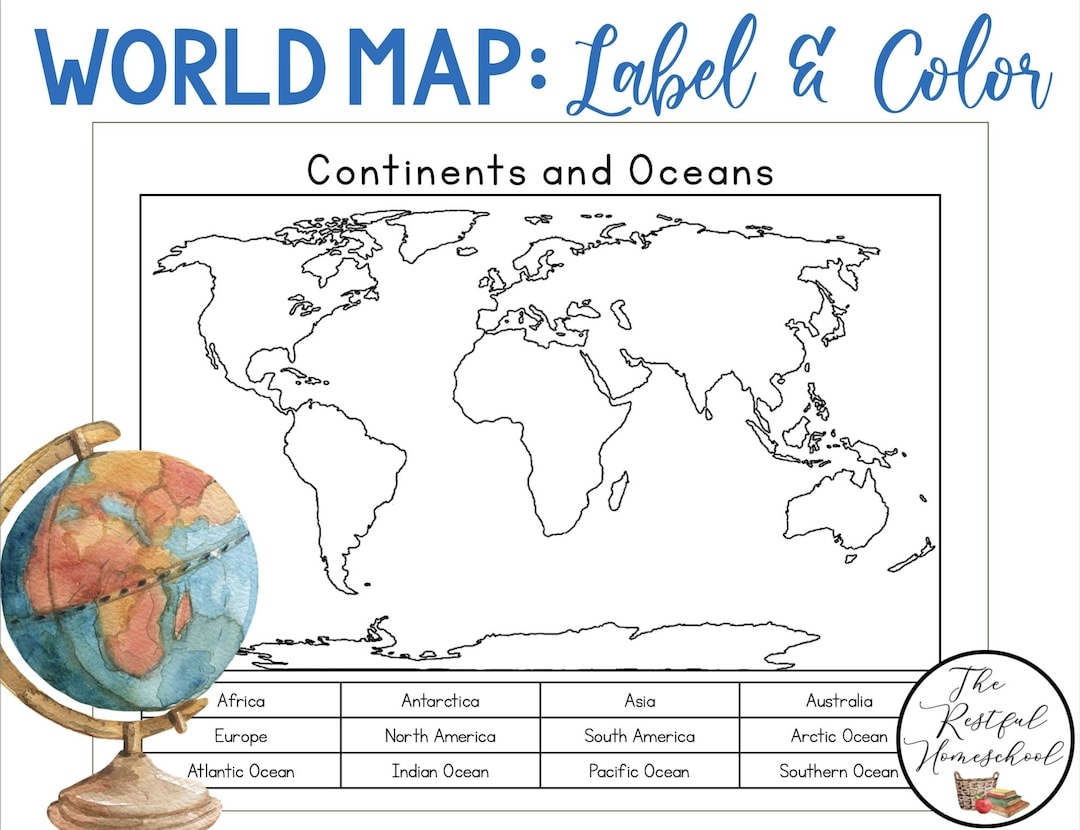 Continents And Oceans Color And Label Blank World Map Elementary Geography Homeschool Printable Activities Social Studies Etsy