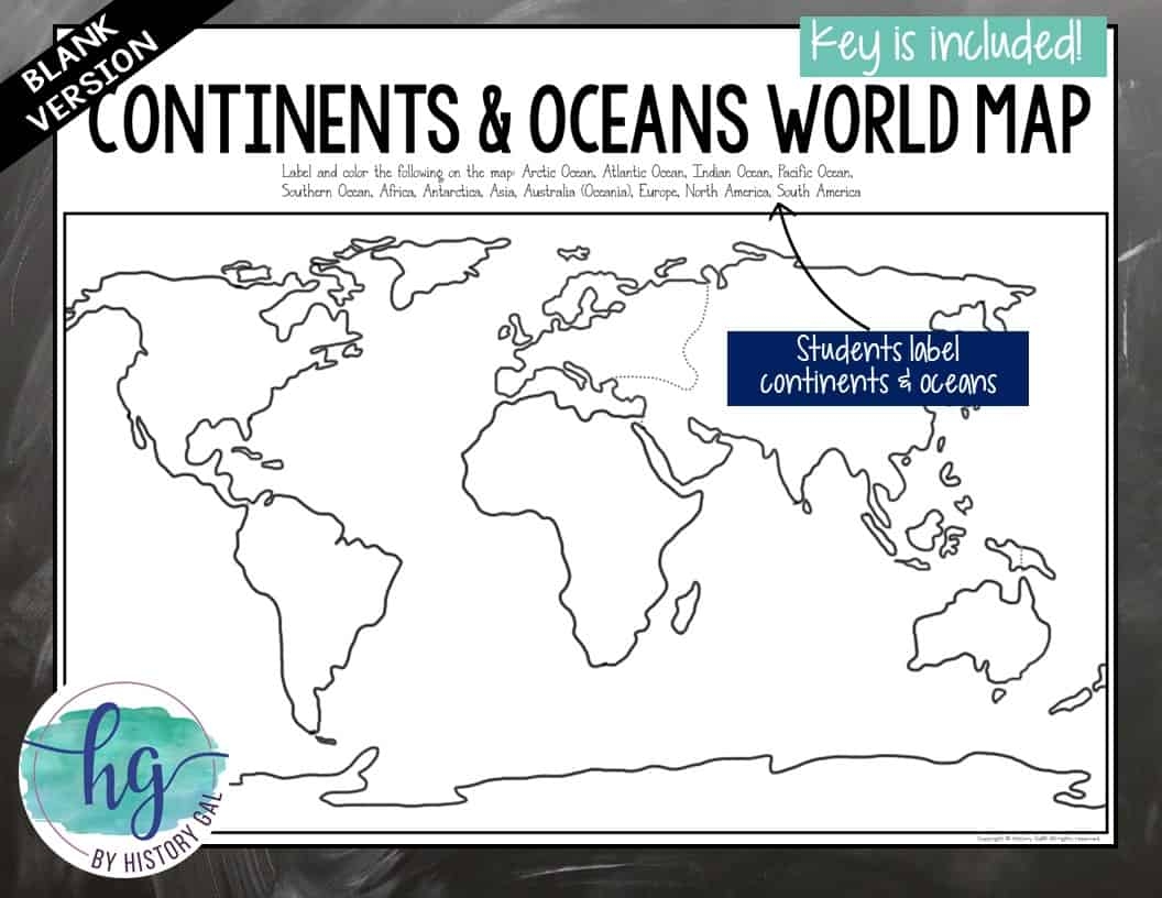 continents and oceans map blank