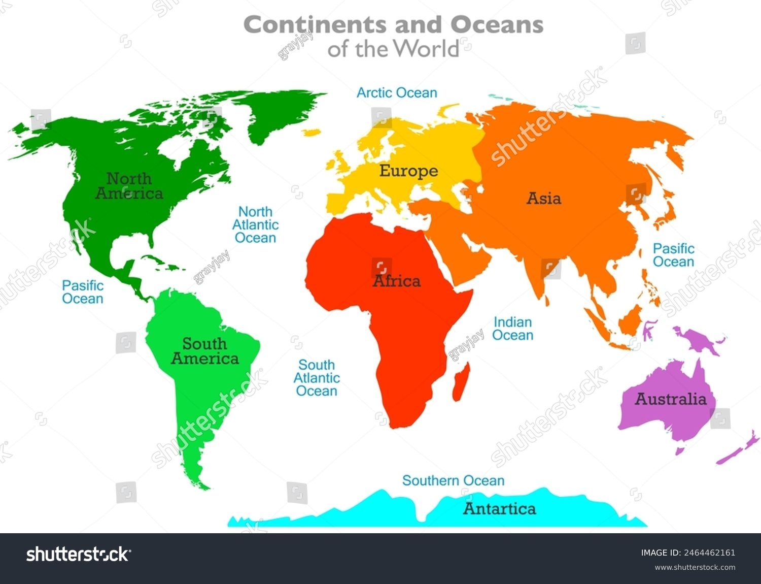 Continents Oceans Colored World Map North Stock Vector Royalty Free 2464462161 Shutterstock