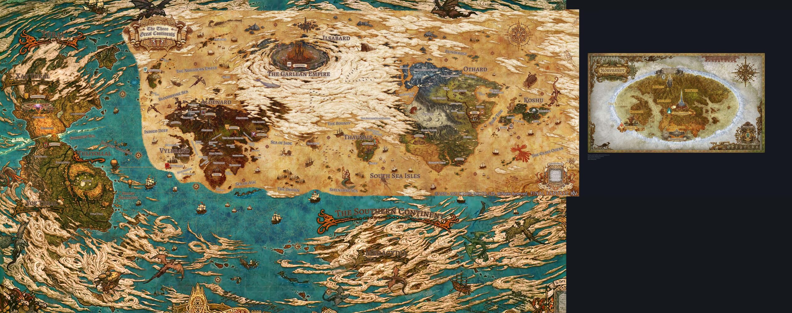 Detailed FFXIV World Map For Dawntrail 7 x Eorzea Garlemald Ilsabard Othard Koshu Norvrandt Tural Meracydia