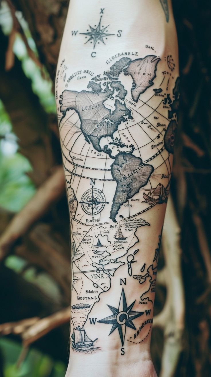 Detailed World Map Arm Tattoo Design For Travel Enthusiasts